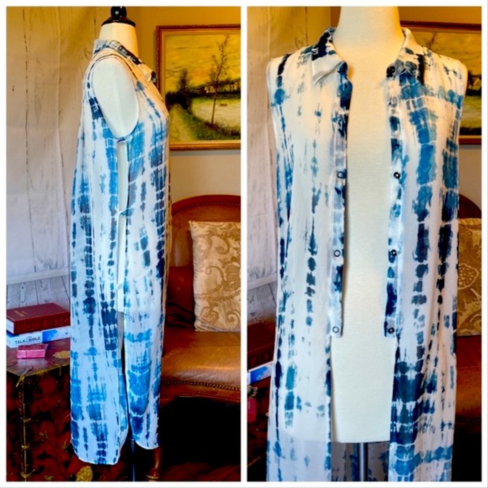 Go Silk Blue and White Tie Dye Duster or Swimsuit Cover Up - Picture 1 of 16
